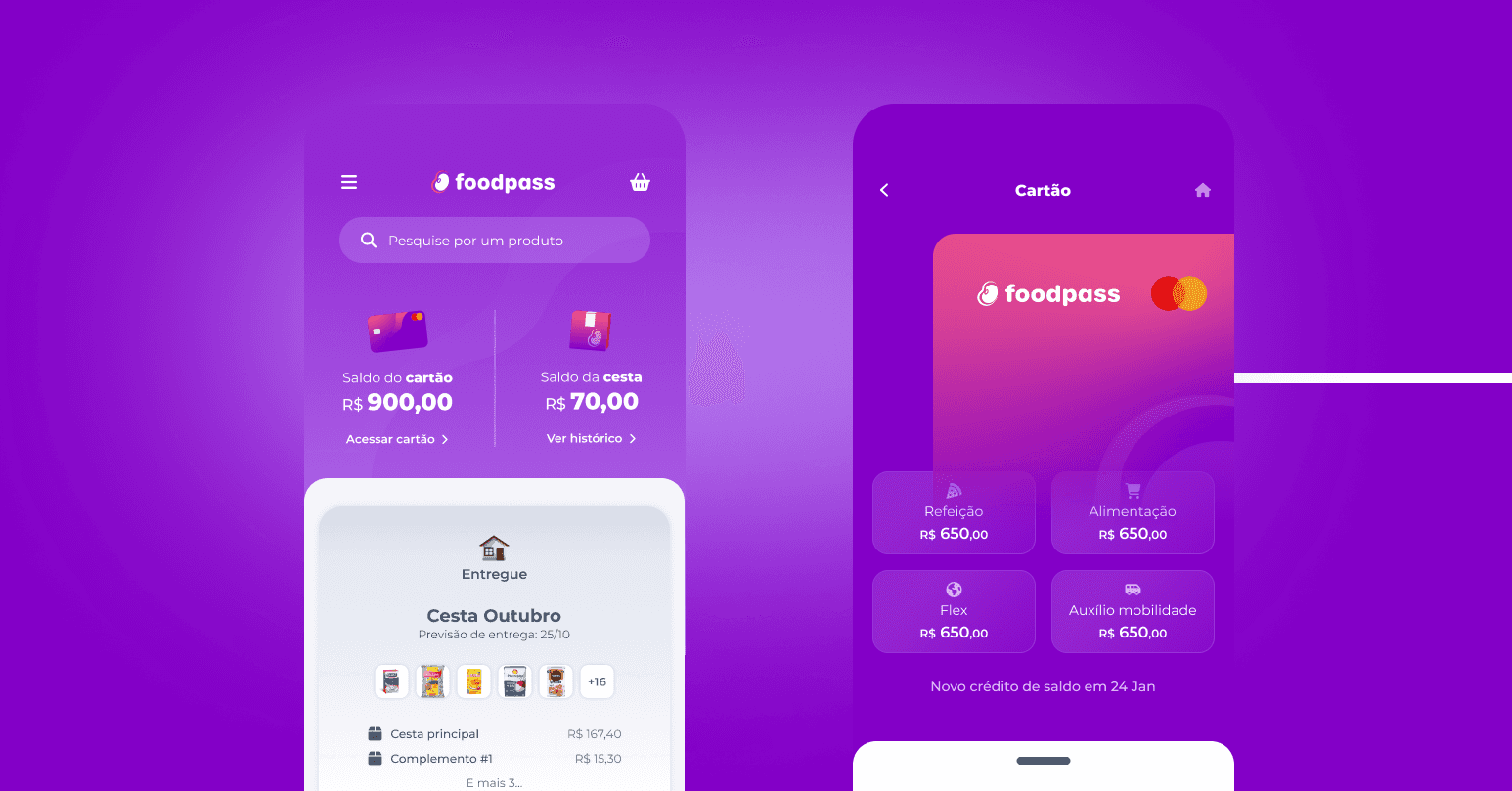 A home do app da Foodpass com o saldo do cartão e o saldo da cesta lado a lado, ao lado da área do cartão, onde o saldo aparece dividido em refeição, alimentação, flex e mobilidade