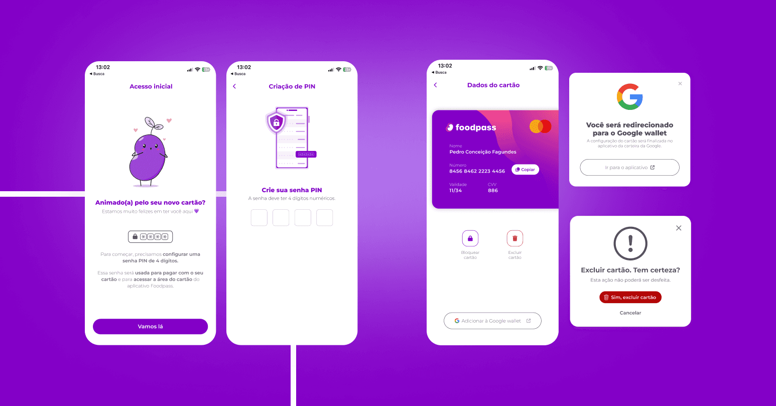 Primeiro acesso: o mascote feijão dá as boas-vindas ao funcionário, a tela de criação do PIN de 4 dígitos e os dados do cartão, com opções para bloquear, excluir ou adicionar o cartão ao Google Wallet