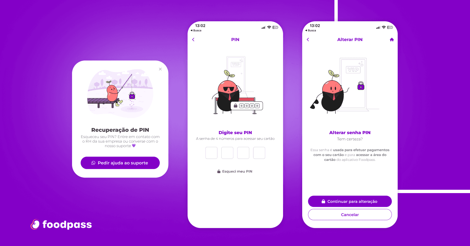 O mascote feijão nas telas de PIN: pescando um cadeado perdido na recuperação do PIN, de terno preto e óculos escuros guardando uma porta VIP na digitação do PIN, e segurando um cadeado na alteração do PIN