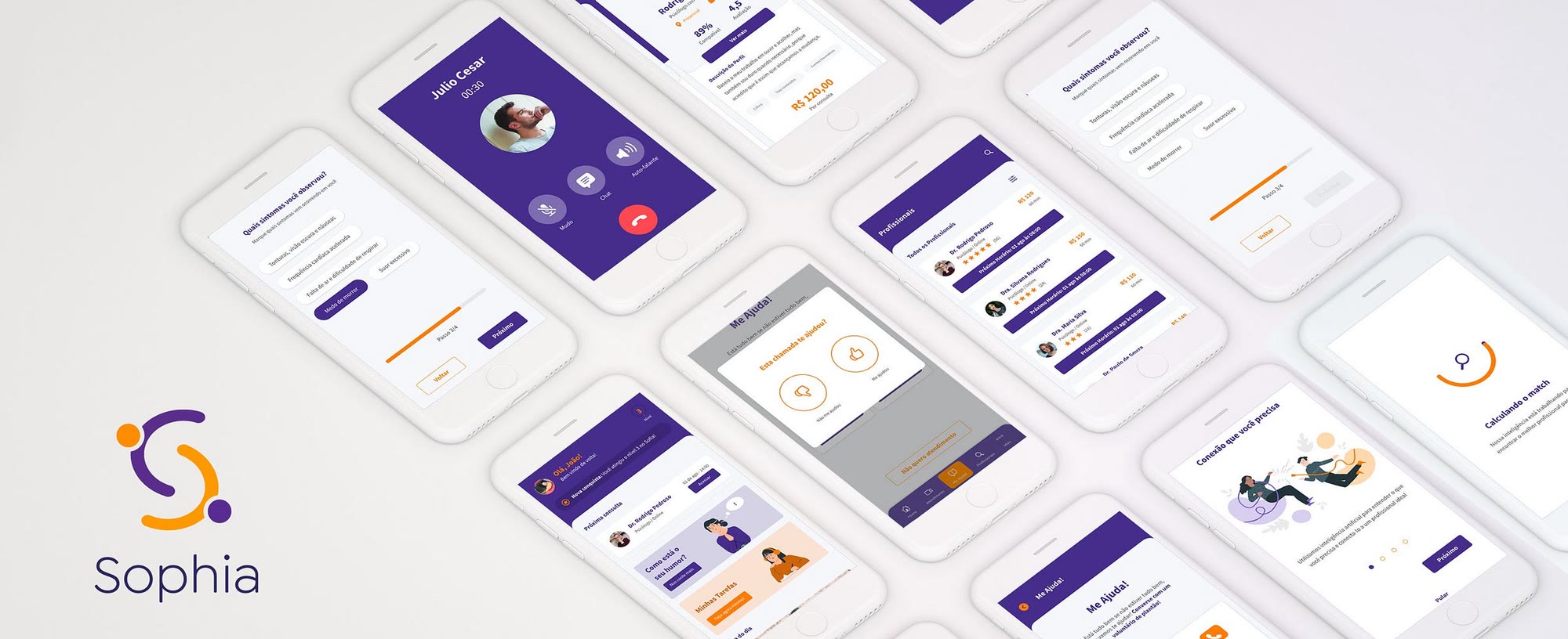 Isometric view of the Sophia app screens (onboarding, match, psychologist list, video call) next to the purple and orange Sophia logo
