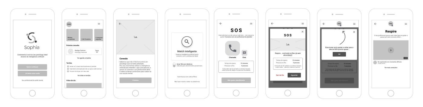 App screens in a low-fidelity prototype